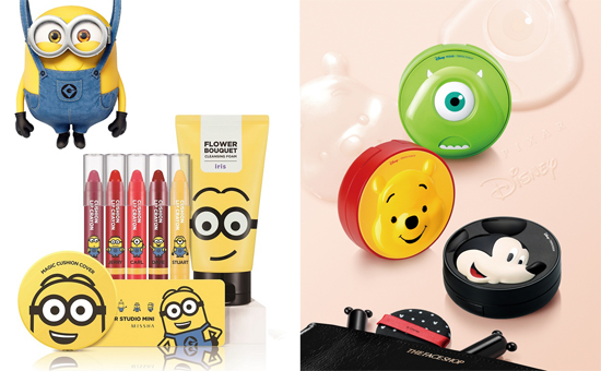 ▲이달 출시된 미샤 미니언즈 에디션 제품들(사진 왼쪽)과 더페이스샵 X 디즈니 콜라보레이션 쿠션 3종