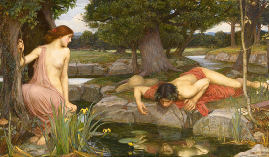 ▲ 존 윌리엄 워터 하우스作 <에코와 나르키소스>. 나르시시즘은 자기애(自己愛)를 뜻한다. 그리스 신화에서 호수에 비친 자신의 모습을 사랑하다 결국 물에 빠져 죽은 나르키소스(Narcissos) 이야기에서 유래했다.